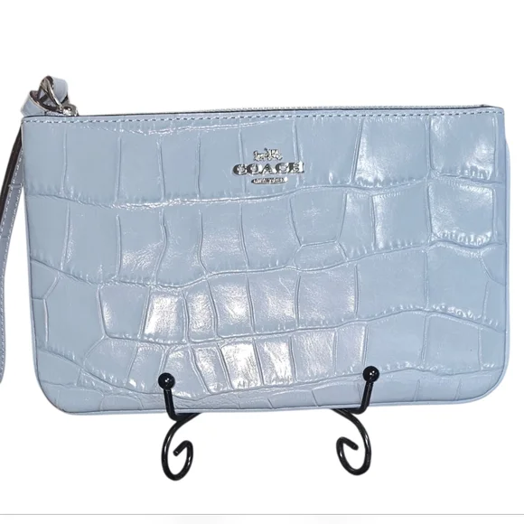 COACH Authentic Light Blue Croc Embossed Leather Large Zip Pouch Wristlet - Picture 3 of 8